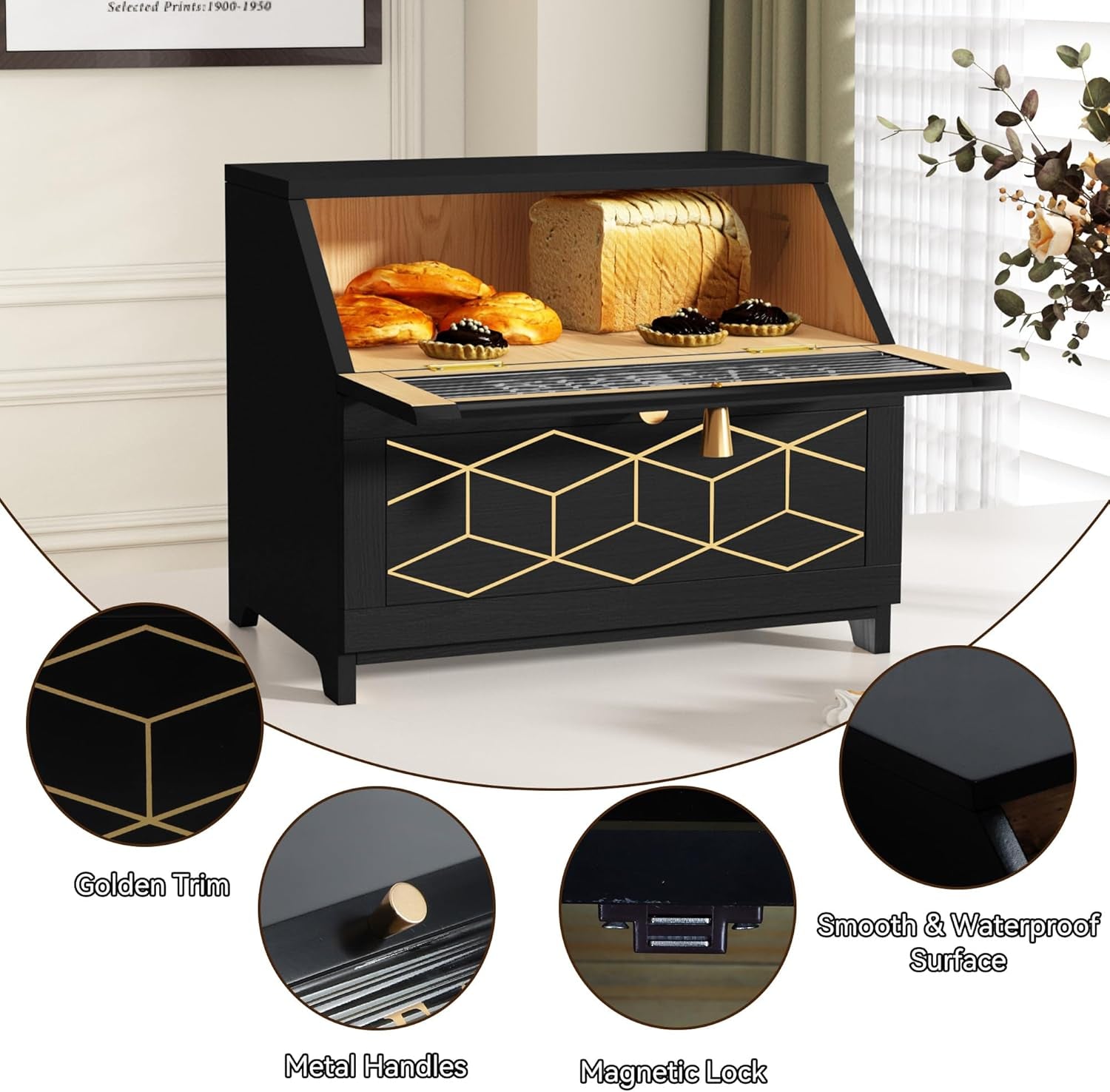 Double Layer Bread Box with Golden Trim for Countertop, Wooden Bread Container for Kitchen Counter, Corner Bread Storage (Black1)