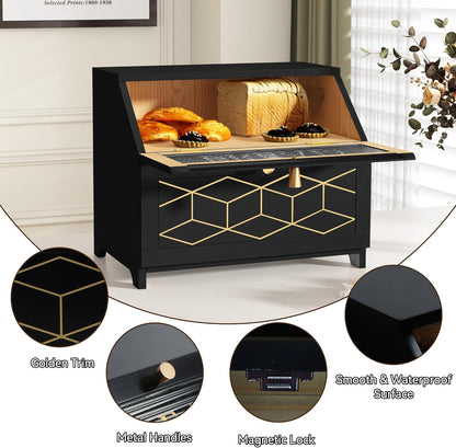 Double Layer Bread Box with Golden Trim for Countertop, Wooden Bread Container for Kitchen Counter, Corner Bread Storage (Black1)
