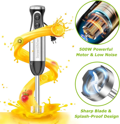Immersion Blender Handheld with Food Processor, 20 Speeds Hand Blender with Turbo Mode, Stainless Steel Blade, Egg Whisk, Beaker & Chopper Bowl, Hand Mixer for Smoothie, Soup, Baby Food