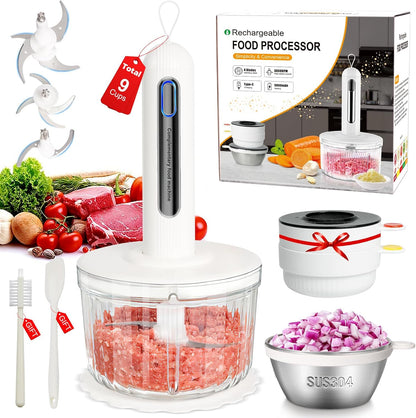 Cordless Food Processor 4 Bowls(6.5Cup+1.3Cup+2X0.6Cup)【800W Pure Copper Motor】【3 Sets SUS304 Blades】Meat Grinder-Usb Rechargeable Food Chopper for Meat,Garlic,Vegetable,Fruits,Sauces,Baby Food