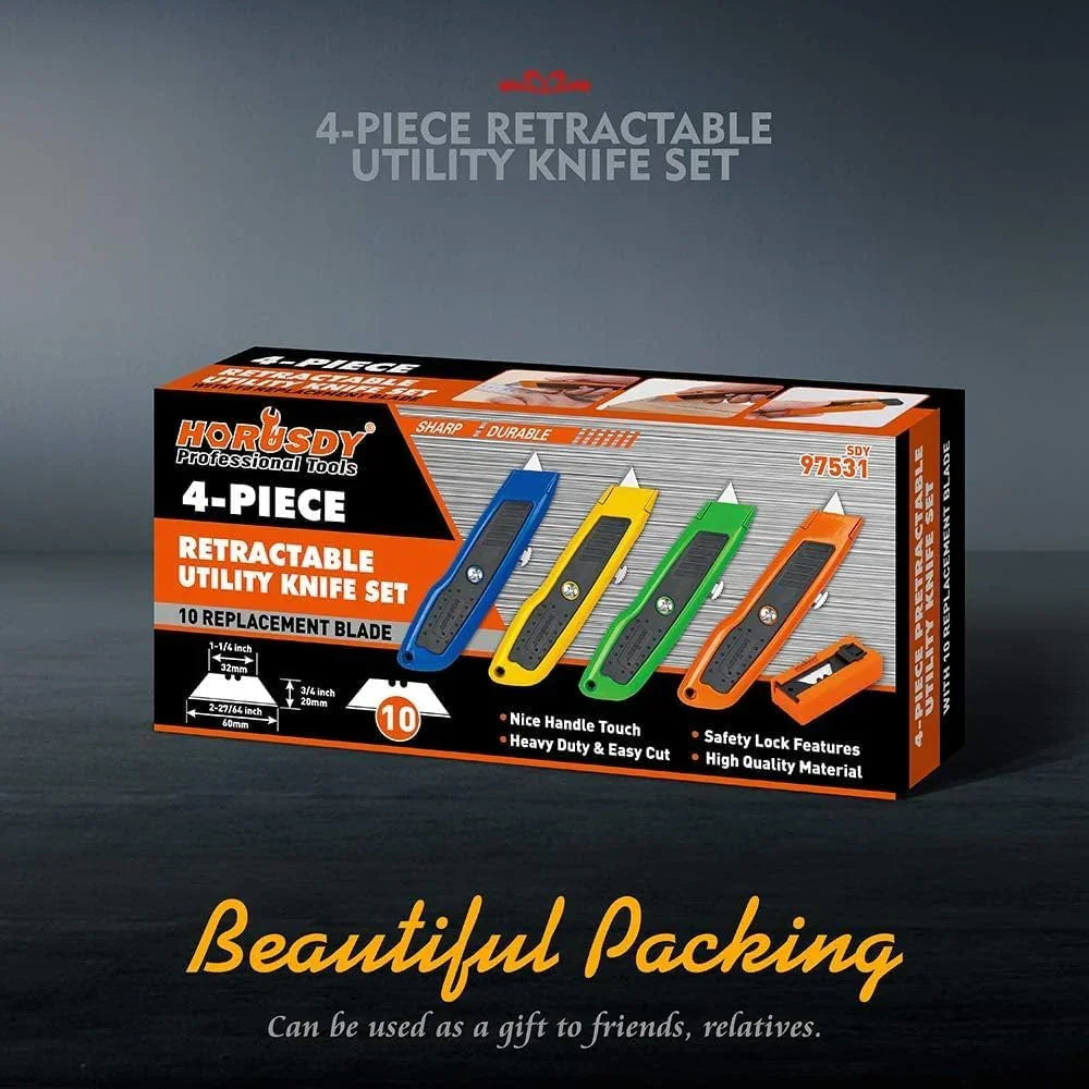 4-Pack Box Cutter Utility Knife, Heavy Duty Aluminum Shell Retractable Box Cutter for Cardboard, Boxes and Cartons, Extra 10 Blades