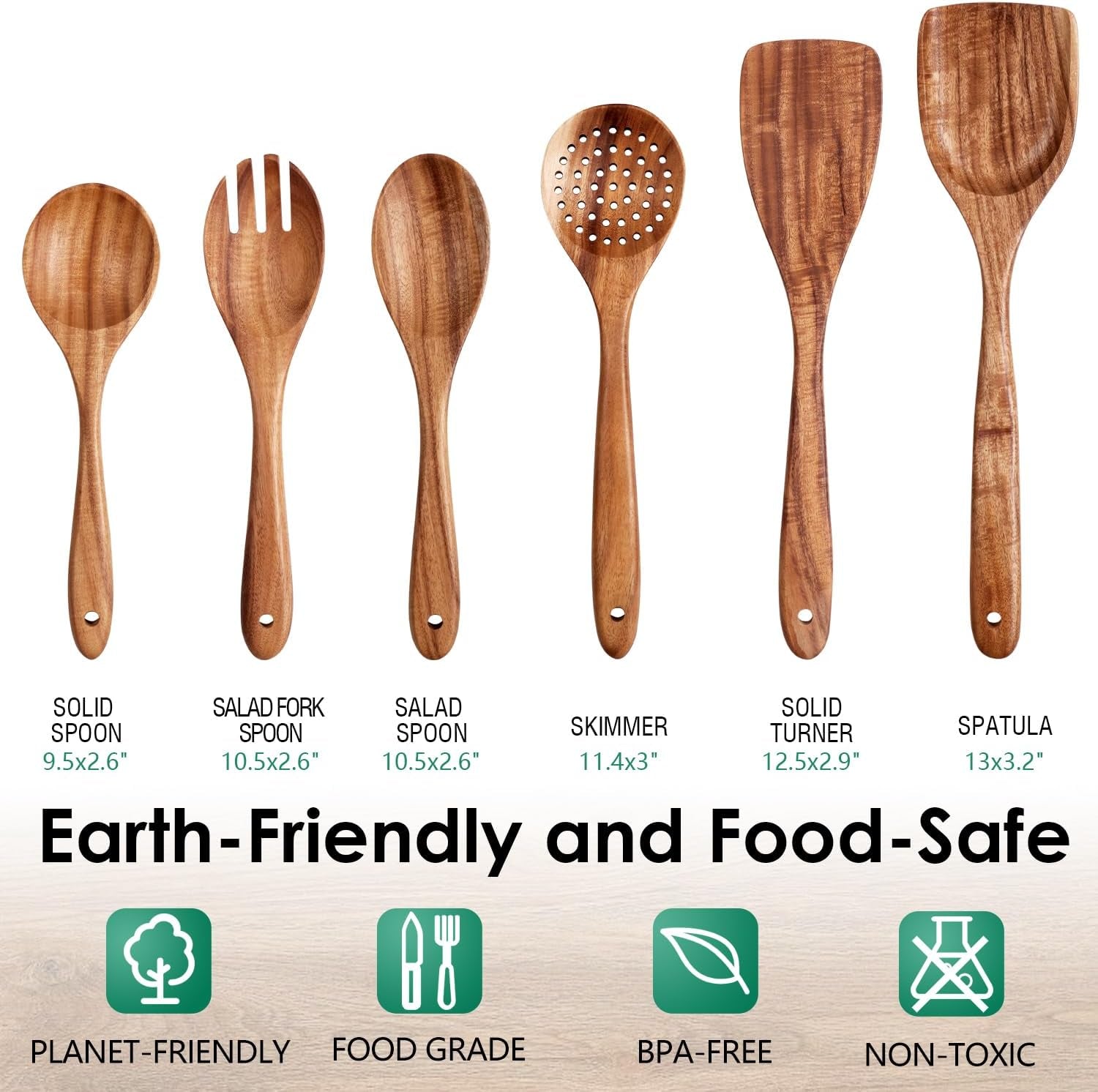 Wooden Spoons for Cooking, Teak Wood Kitchen Utensil Set, Premium Handmade Wooden Utensils for Nonstick Cookware, Heat Resistant, Smooth Finish, Comfortable Grip, 6 Piece