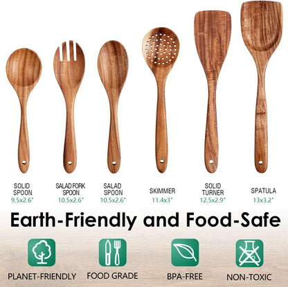 Wooden Spoons for Cooking, Teak Wood Kitchen Utensil Set, Premium Handmade Wooden Utensils for Nonstick Cookware, Heat Resistant, Smooth Finish, Comfortable Grip, 6 Piece