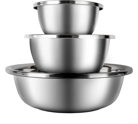 Mixing Bowls Set of 3 Stainless Steel, 7.9″ 10.2″ 14.2″ Metal Bowls for Baking Dough Salad Kitchen