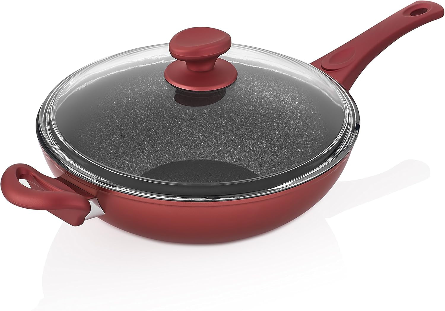 Titanium Nonstick 11 Inch Wok and Stir Fry Pan with Glass Lid Forged Aluminum with PFOA Free Scratch Resistant (Red)