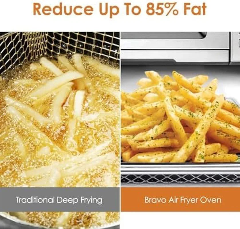 Bravo Air Fryer Toaster Smart Oven, 12-In-1 Countertop Convection, 30-QT XL Capacity, 50°-500°F Temperature Controls, Top and Bottom Heater Adjustments 0%-100%, Brushed Stainless Steel Look