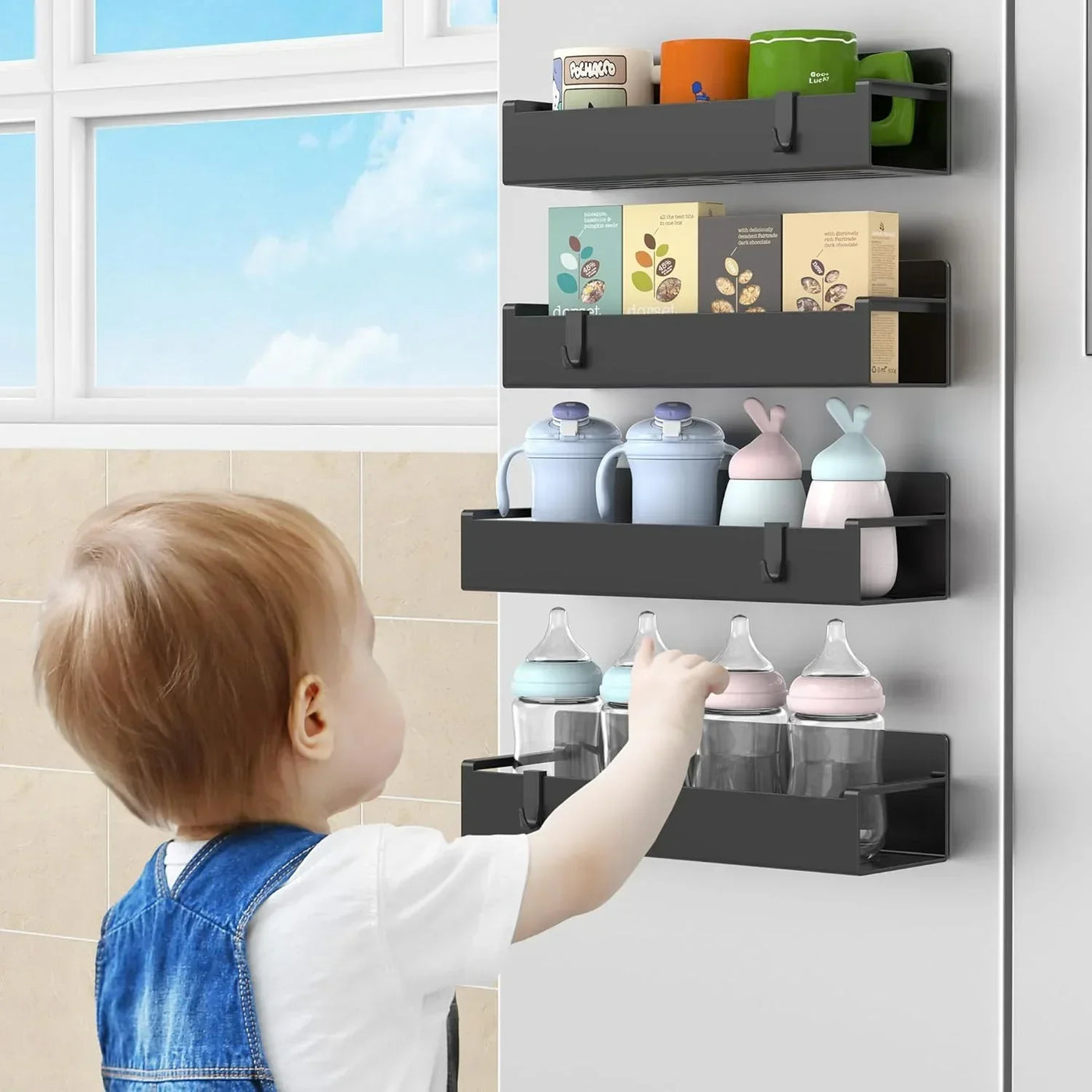 Magnetic spice racks with baby bottles and jars, toddler reaching, kitchen storage solution