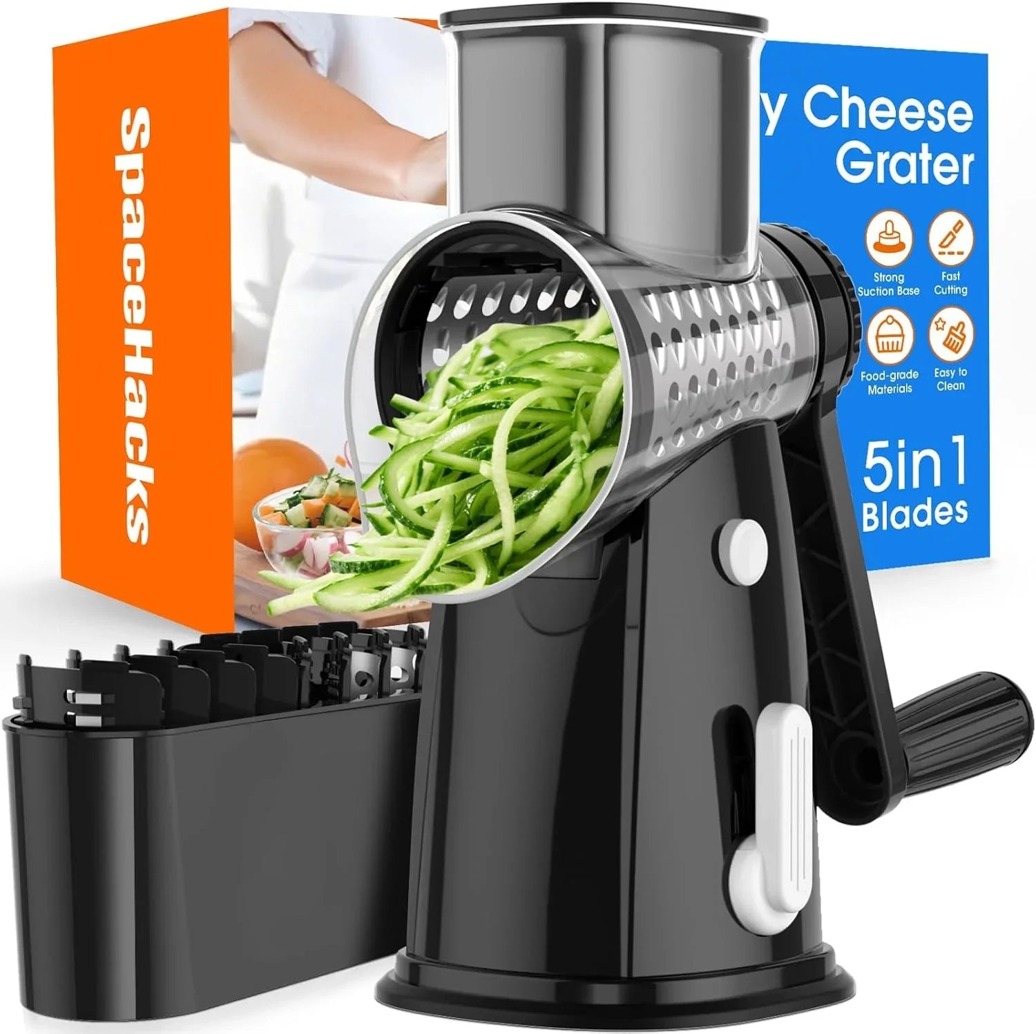 Rotary Cheese Grater Hand Crank, with 5 Blades for Chopper Shredder Spiralizer Slicer for Vegetable Cheese Fruit, Food Chopper for Kitchen with Blades Storage Box & Suction Base (Black)