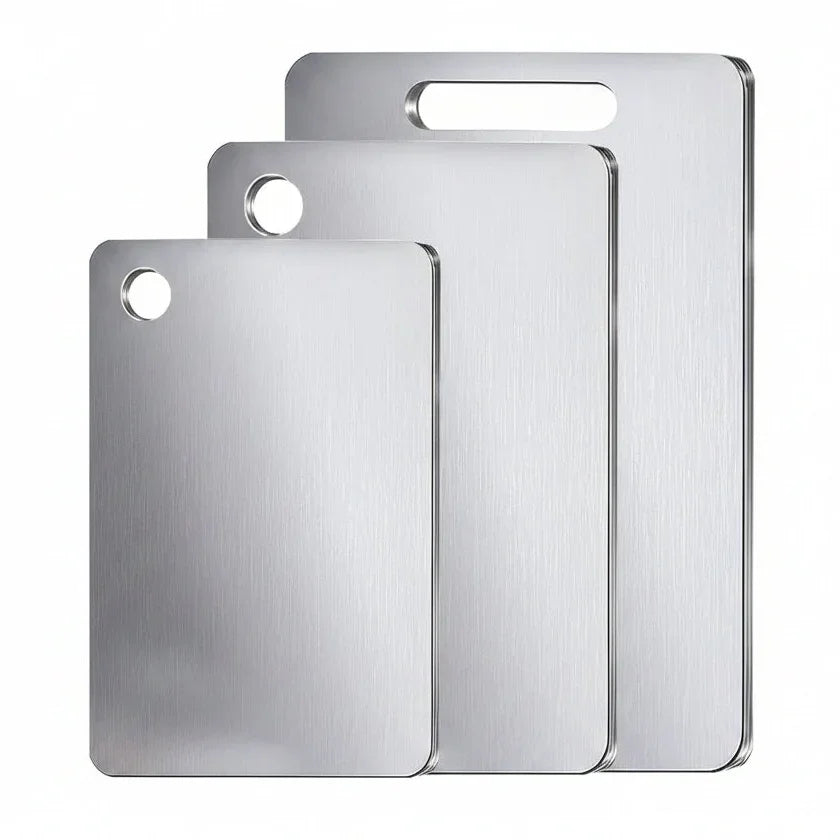 Stainless steel cutting boards set, sleek brushed finish, ideal for kitchen prep and organized cooking