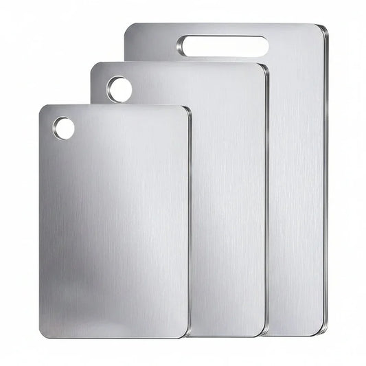 Stainless steel cutting boards set, sleek brushed finish, ideal for kitchen prep and organized cooking