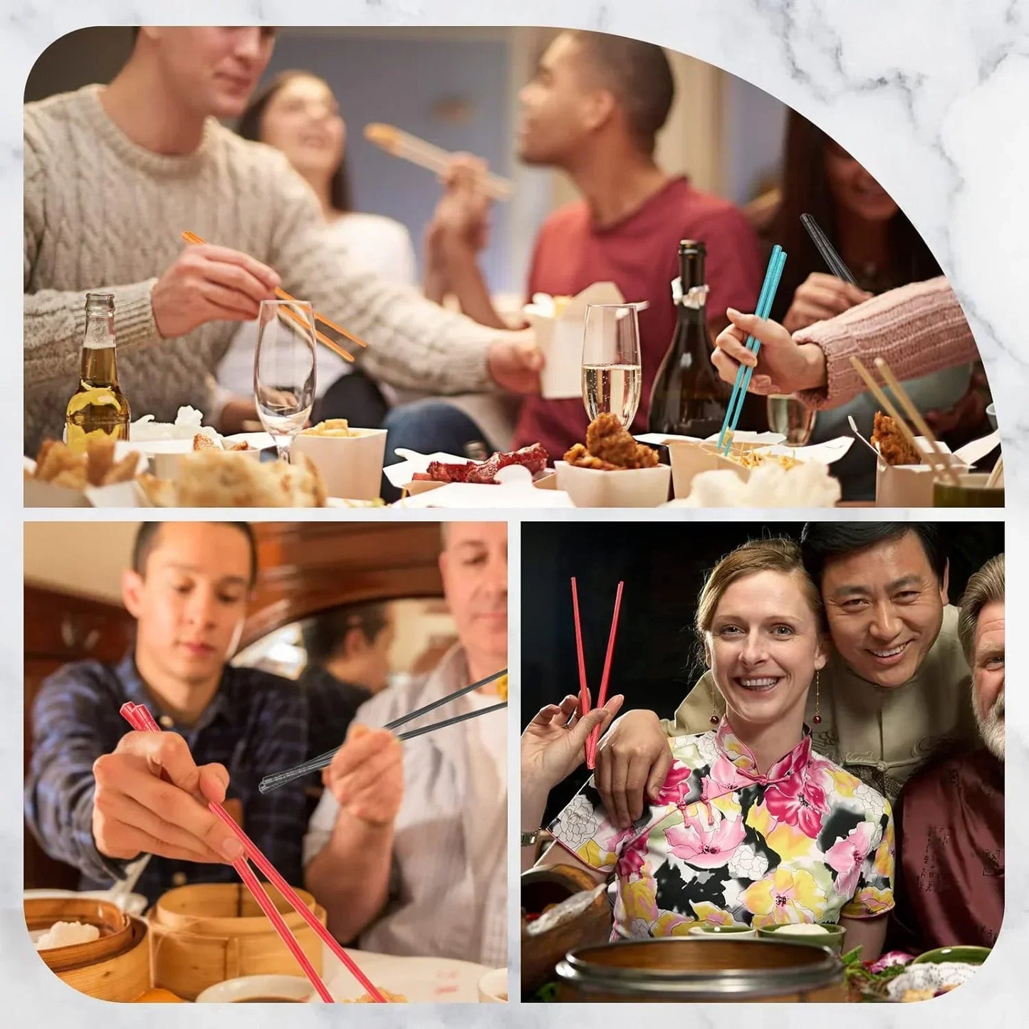 People enjoying meals with chopsticks, sharing takeout and dim sum in cozy gatherings