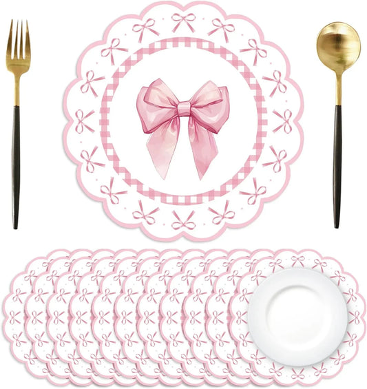 50 Pcs Pink Bow Paper Placemats 13.4 Inch round Decorative Pink Bow Place Table Mats Disposable Placemats Mats for Table Setting for Bachelorette Bridal Shower Wedding Birthday Party Supplies