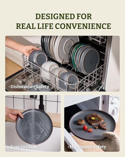 Mercury Dinnerware Sets with Mugs, Service for 4 (16 Pieces), Plates and Bowls Sets, Microwave and Dishwasher Safe Dishes Set, Charcoal