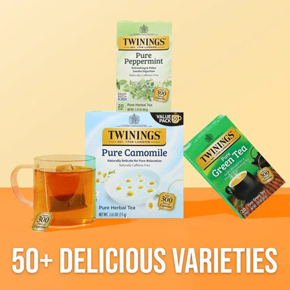 Twinings Pure Peppermint, Camomile & Green Tea boxes with brewed tea mug, 50+ varieties