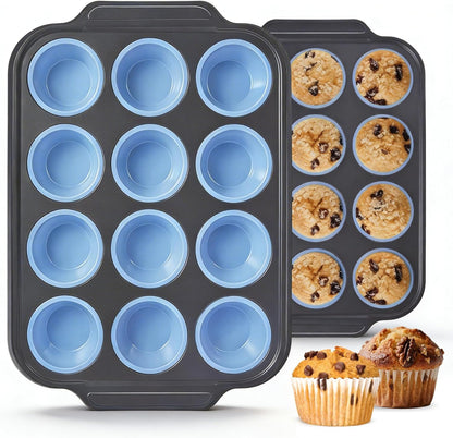 Silicone Muffin Pan for Baking,No-Spill Easy-Transfer Design,Reinforced Steel Frame, Non-Stick & Dishwasher Safe,12-Cup Regular Size Muffin & Cupcake Pan Bakeware for Oven (Blue 2Pcs)