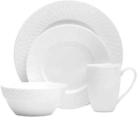 Trellis 16-Piece Bone China Dinnerware Set, White, Includes Dinner Plates, Salad Plates, Cereal Bowls and Mugs, Dishwasher Safe