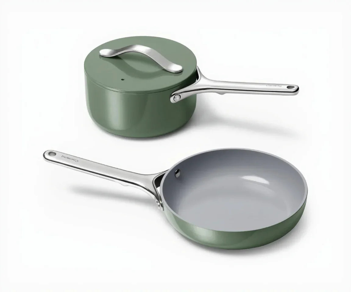 Green nonstick saucepan with lid and matching frying pan, stainless steel handles