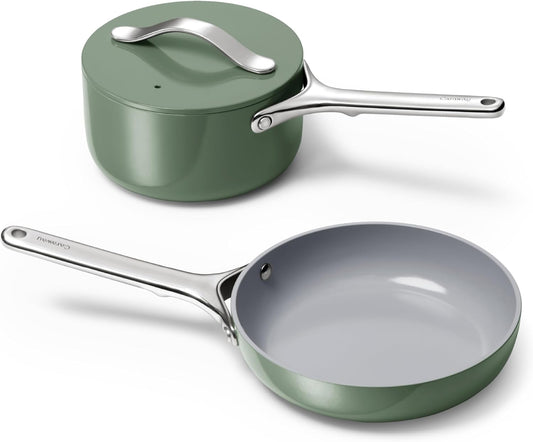 Mini Cookware Set - Non-Stick Ceramic Fry Pan (1.05 Qt, 8") Sauce Pan (1.75 Qt) & Storage Rack - Non Toxic, PTFE & PFOA Free - Oven Safe & Stovetop Agnostic (Gas, Electric & Induction) - Sage