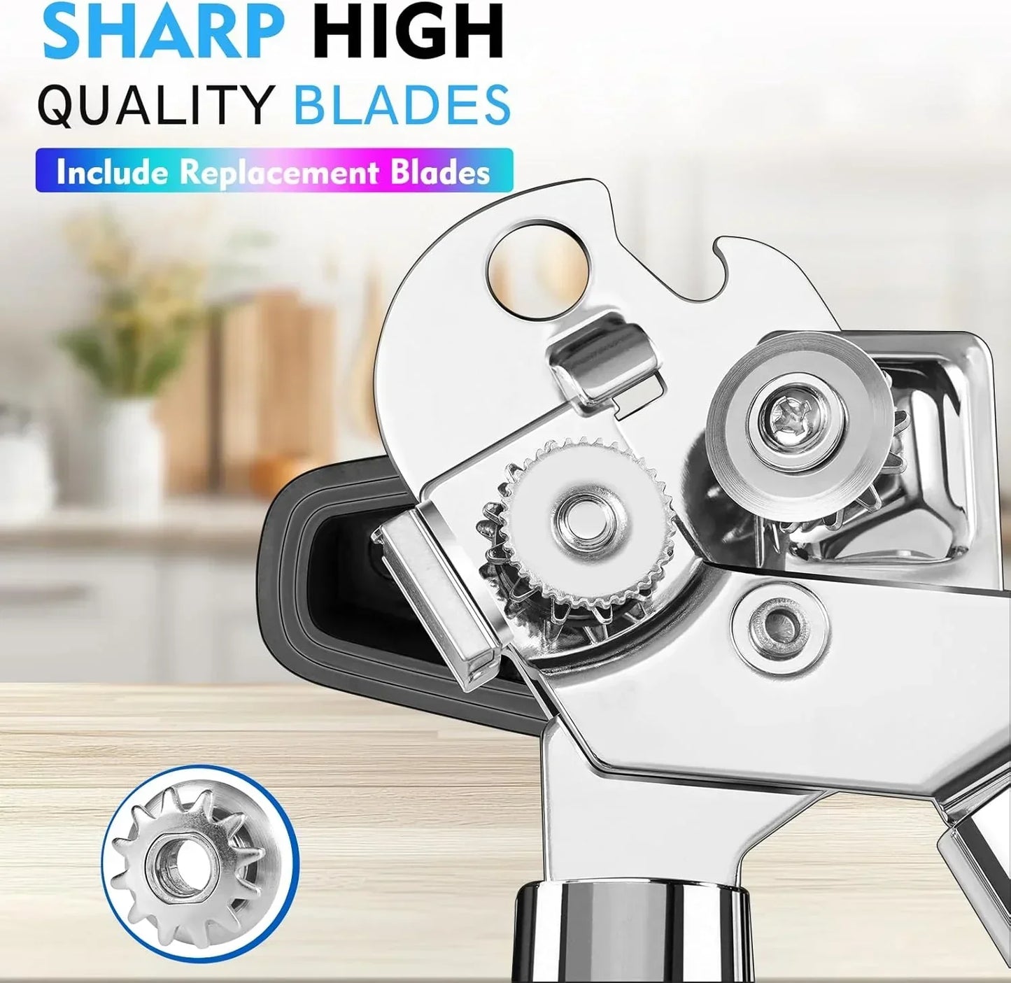Stainless steel can opener with sharp high-quality blades and replacement gear