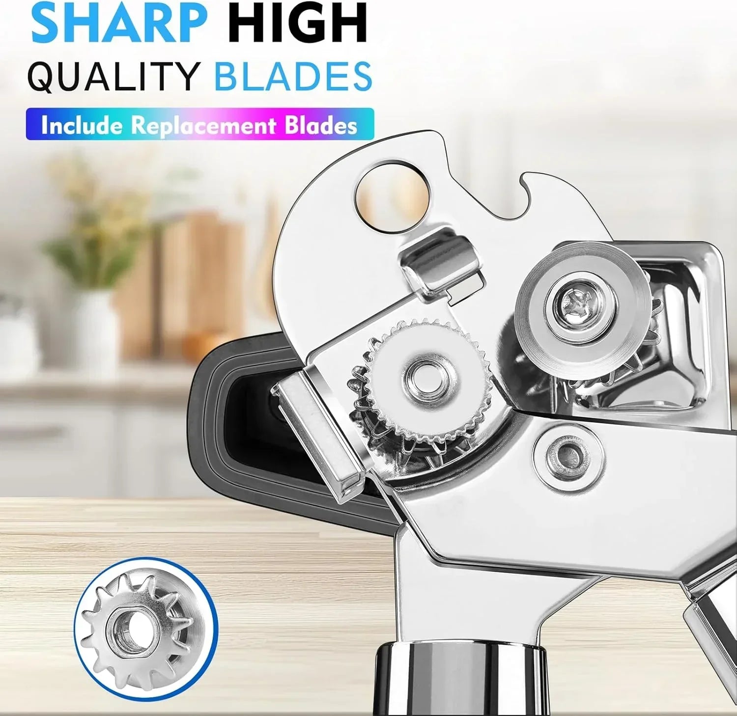Stainless steel can opener with sharp high-quality blades and replacement gear