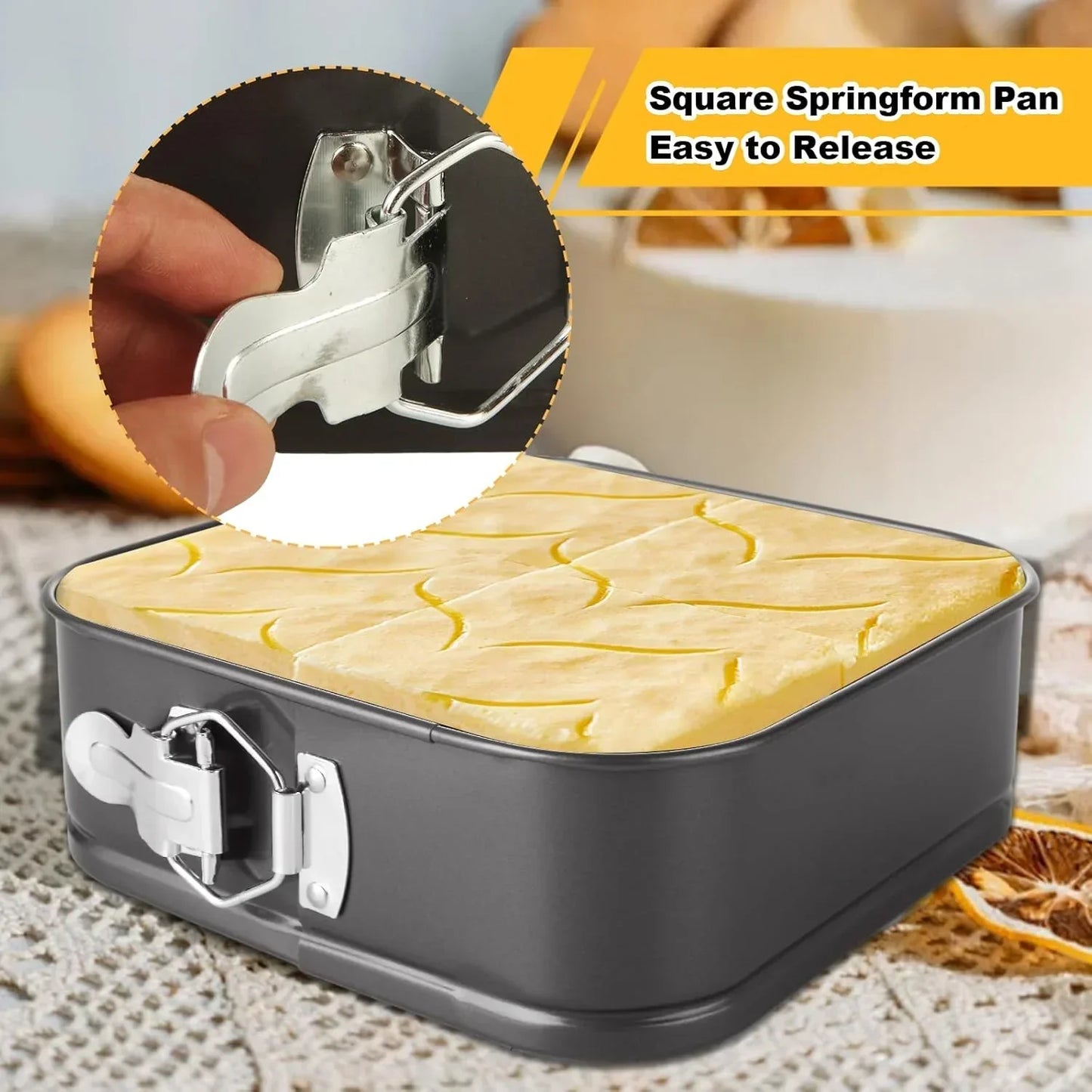 Square springform pan with easy-release latch, perfect for baking cakes and desserts.