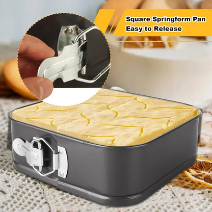 Square springform pan with easy-release latch, perfect for baking cakes and desserts.