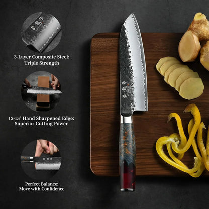 Japanese Chef Knife, 7 Inch Hand Forged Santoku Knife with VG10 Steel, Chefs Knives for Professional & Home Kitchen, Sharp Kitchen Knives with Red Ergonomic Handle, Cooking Gifts for Men and Women