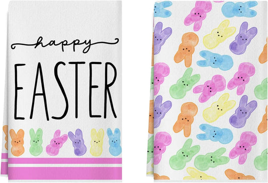 Happy Easter Colorful Cute Bunny Rabbits Easter Kitchen Towels Dish Towels 18X26 Inch Home Decorations Hand Towels Set of 2 Drying Dishcloth