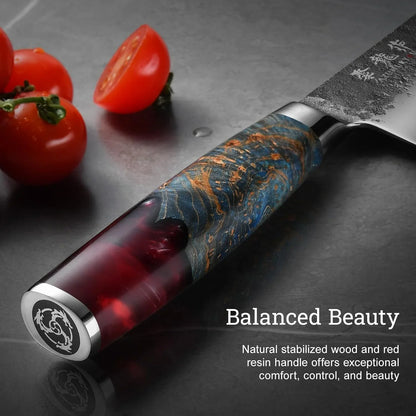 Japanese Chef Knife, 7 Inch Hand Forged Santoku Knife with VG10 Steel, Chefs Knives for Professional & Home Kitchen, Sharp Kitchen Knives with Red Ergonomic Handle, Cooking Gifts for Men and Women