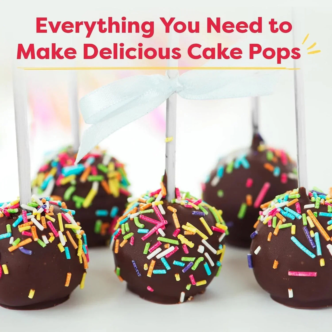 Chocolate cake pops with colorful sprinkles and white ribbon, perfect for baking and dessert making