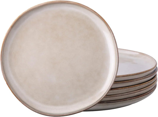 Ceramic Plates Set of 6, 8.5 Inch Handmade Reactive Glaze Stoneware Plates Set for Dessert, Salad, Appetizer, Dinner, Microwave & Dishwasher Safe, Scratch Resistant-Cappuccino