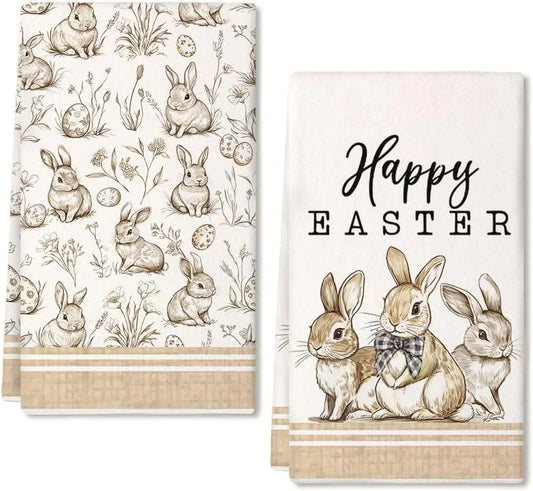 Beige Bunny Easter Kitchen Towels Set of 2,Rabbits Spring Dish Hand Towels Farmhouse Indoor Outdoor Holiday Seasonal Decorations DD087