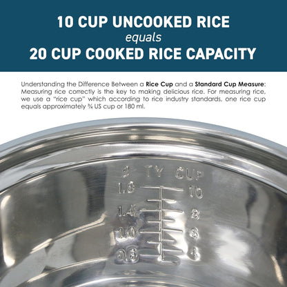 ERC-2020 Electric Rice Cooker with Stainless Steel Inner Pot Makes Soups, Stews, Grains, Cereals, Keep Warm Feature, 20 Cups Cooked (10 Cups Uncooked), White