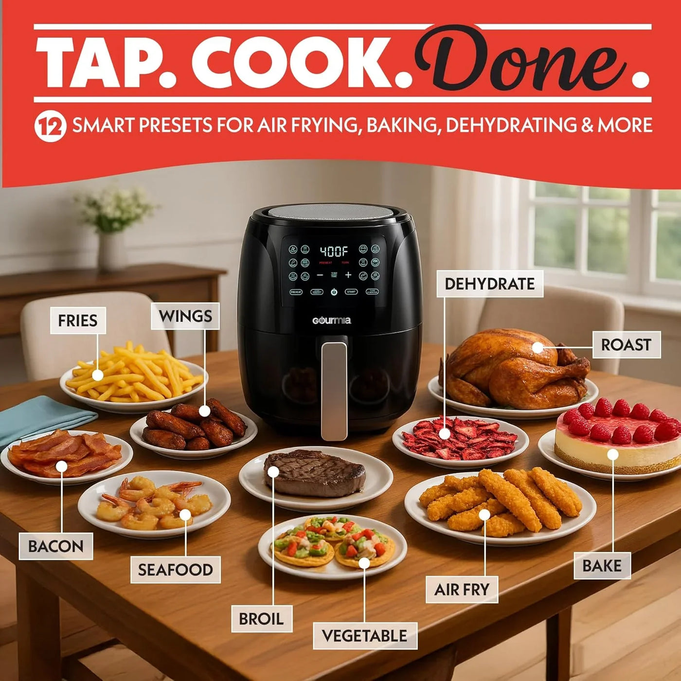 Air Fryer - 6 Qt Large Capacity, Fryforce 360º, Digital Display with 12 Presets, Roast, Bake, Broil, Dehydrate, Dishwasher Safe Accessories, Black