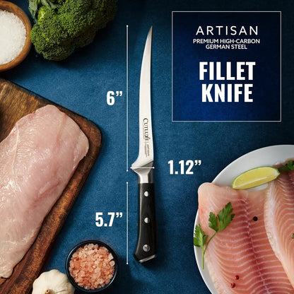 Fillet Knife for Fish & Meat – 7" Razor Sharp Boning Knife – Flexible High Carbon German Steel, Full Tang Ergonomic Handle Design, Grilling Gifts for Men – Artisan Series