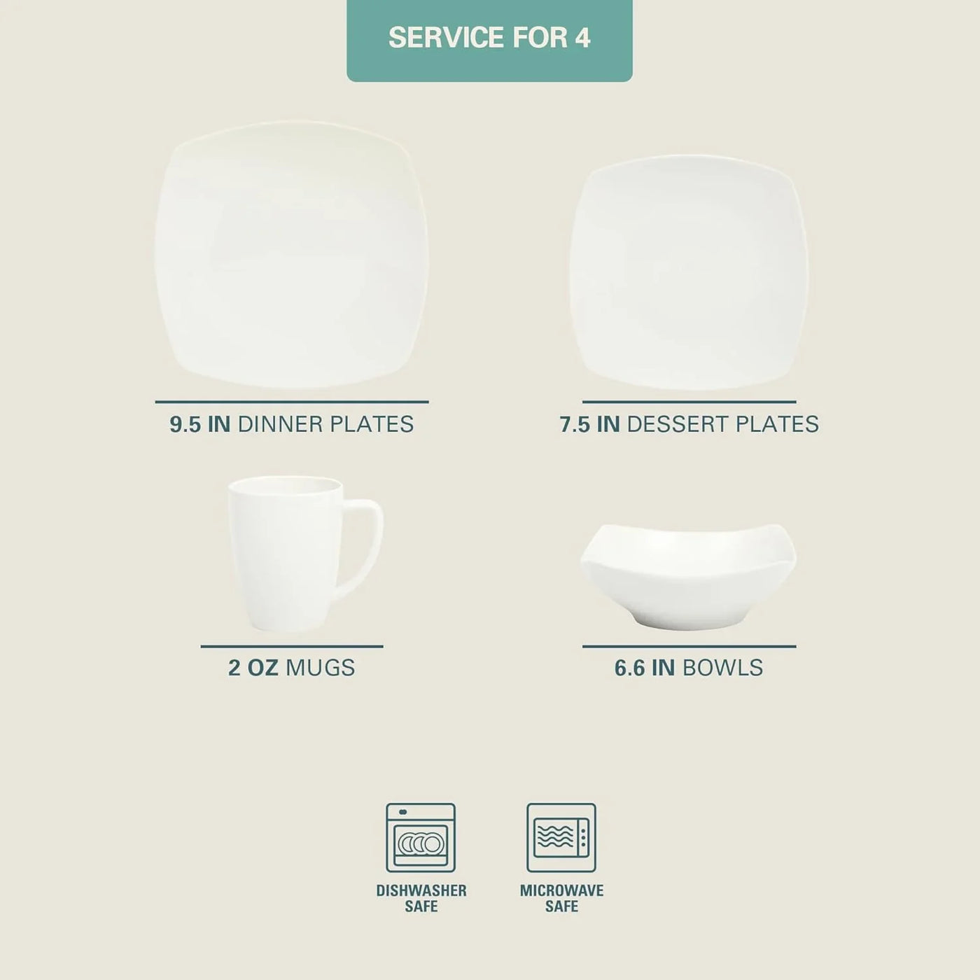 Zen Buffet White Porcelain Dinnerware Set for 4, Square Plates Bowls and Mugs, Chip and Scratch Resistant, Dishwasher and Microwave Safe, 16 Piece