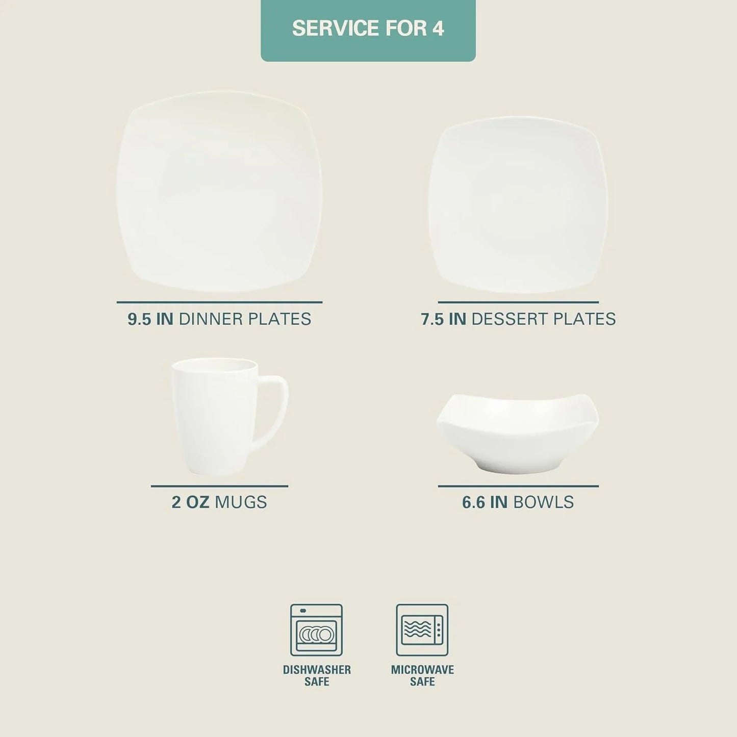 Zen Buffet White Porcelain Dinnerware Set for 4, Square Plates Bowls and Mugs, Chip and Scratch Resistant, Dishwasher and Microwave Safe, 16 Piece