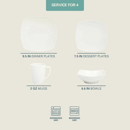 Zen Buffet White Porcelain Dinnerware Set for 4, Square Plates Bowls and Mugs, Chip and Scratch Resistant, Dishwasher and Microwave Safe, 16 Piece