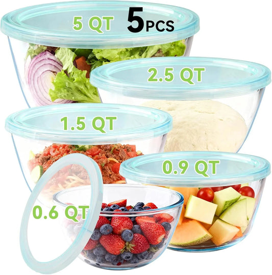 5 Pack Glass Mixing Bowls with Lids Set (5/2.5/1.5/0.9/0.6QT), Thick Glass Large Salad Bowl Set, Nesting Kitchen Bowls for Serving, Prepping, Cooking and Baking, Dishwasher,Oven,Microwave Safe