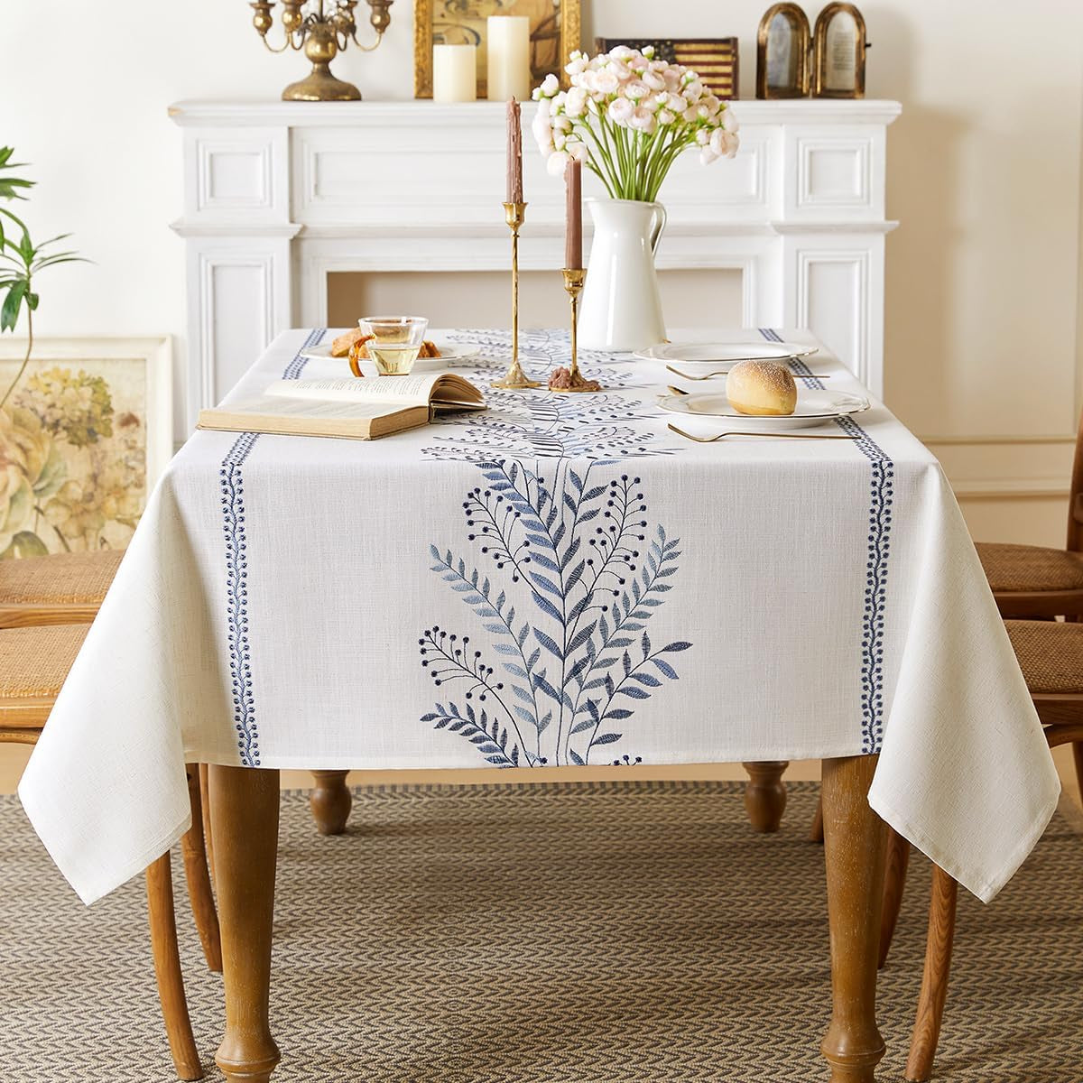 Linen Style Embroidered Tablecloth, Waterproof and Wrinkle-Resistant Table Cloth Rectangle Tables, Farmhouse Floral Rectangle Table Cover for Dining Room and Outdoor Parties(Blue, 55"X71")