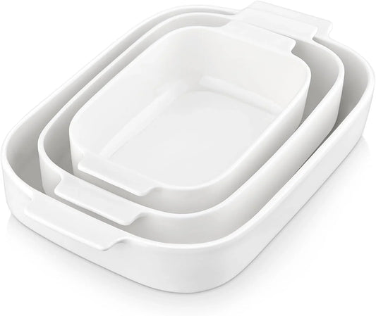 Casserole Dishes for Oven, Ceramic Baking Dishes Set of 3, Rectangular Lasagna Pan Deep Baking Pans, Bakeware Sets with Handles Gift Set, White (13.8''/11.7''/9.4''), Series BAKE