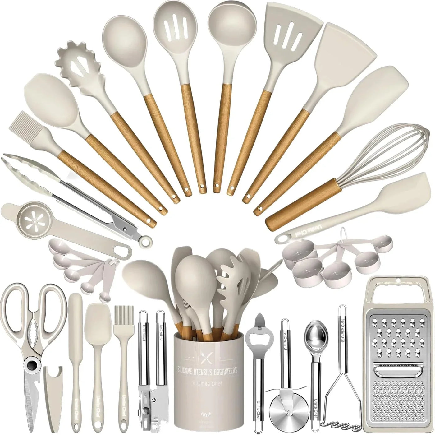 Thickened Silicone Cooking Utensils Set-  Khaki Kitchen Utensils Set, 34PCS Heat Resistant Kitchen Gadgets Tools Set with Grater, Bpa-Free Kitchen Spatula Set for Nonstick Cookware
