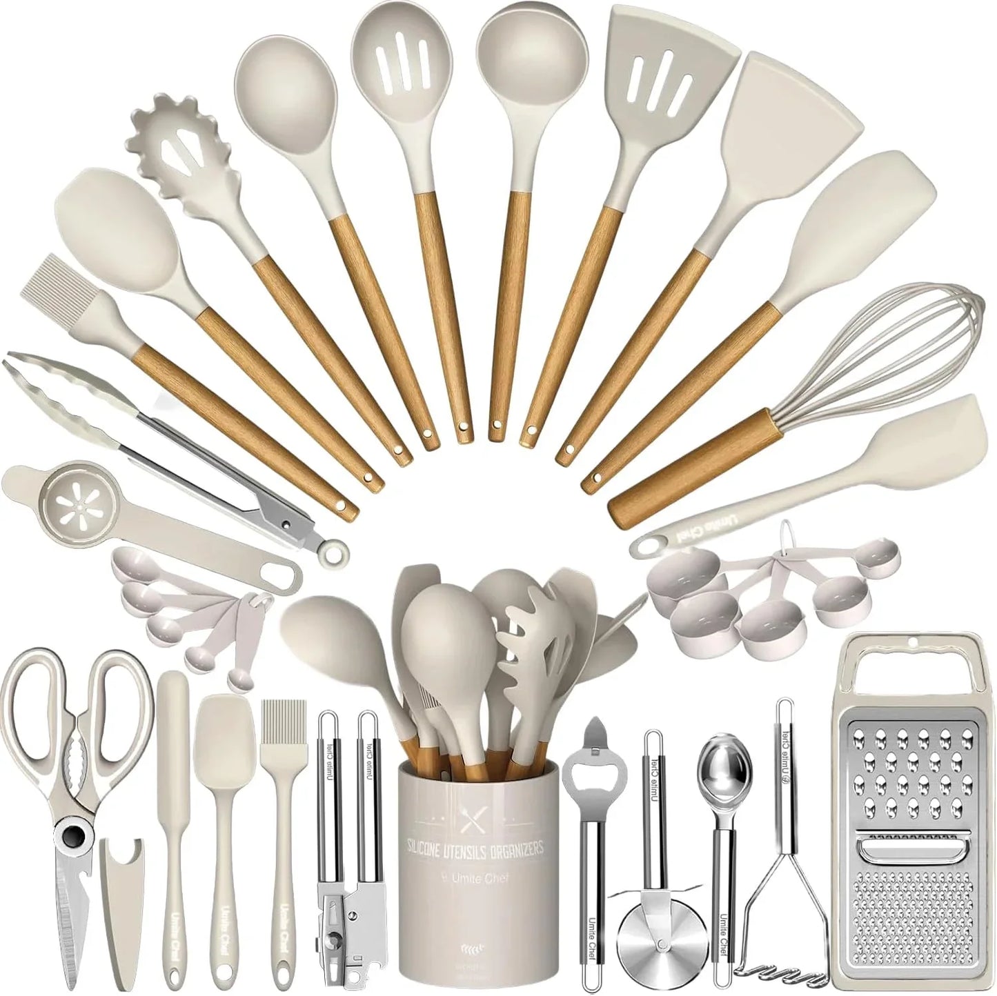 Thickened Silicone Cooking Utensils Set-  Khaki Kitchen Utensils Set, 34PCS Heat Resistant Kitchen Gadgets Tools Set with Grater, Bpa-Free Kitchen Spatula Set for Nonstick Cookware