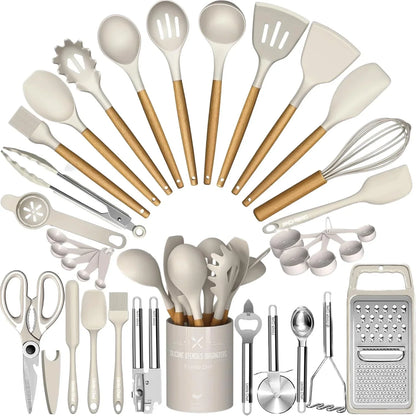 Thickened Silicone Cooking Utensils Set-  Khaki Kitchen Utensils Set, 34PCS Heat Resistant Kitchen Gadgets Tools Set with Grater, Bpa-Free Kitchen Spatula Set for Nonstick Cookware