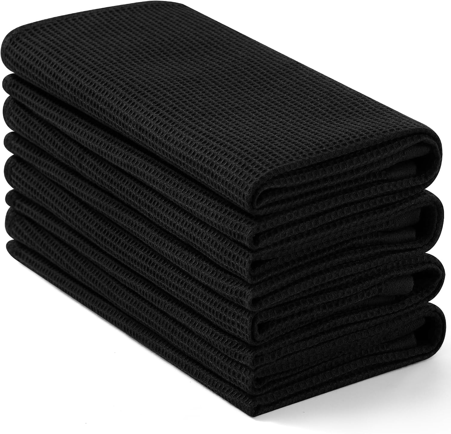 100% Cotton Waffle Weave Kitchen Towels - 4 Pack Soft and Absorbent Dish Towels - 16 X 26 Inches Quick Dry Hand Towels - Black