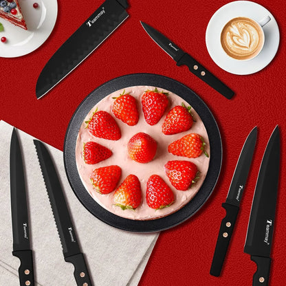 12-Piece Kitchen Knife Set, Stainless Steel Knives with Non-Stick Coating, Dishwasher Safe, Black Knife Set with Rose Gold Rivets 6 Blade Guards, Perfect for Home Chefs Cooking Enthusiasts