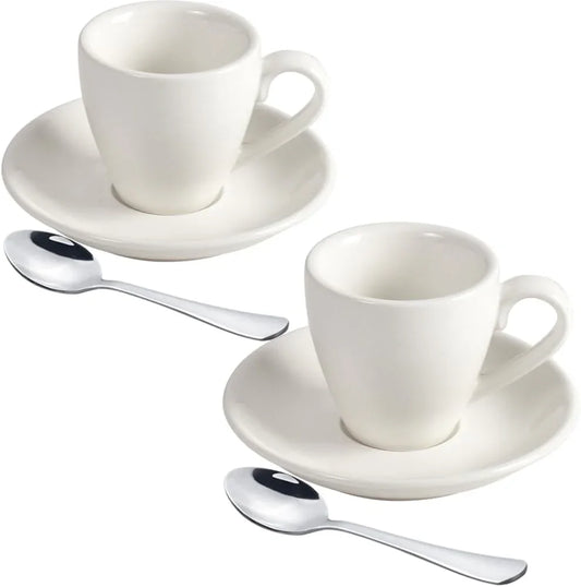 Porcelain Espresso Cup with Saucer and Stainless Steel Mini Spoons, Espresso Shot Cup, 80Ml/2.7Oz, Pack of 2, White