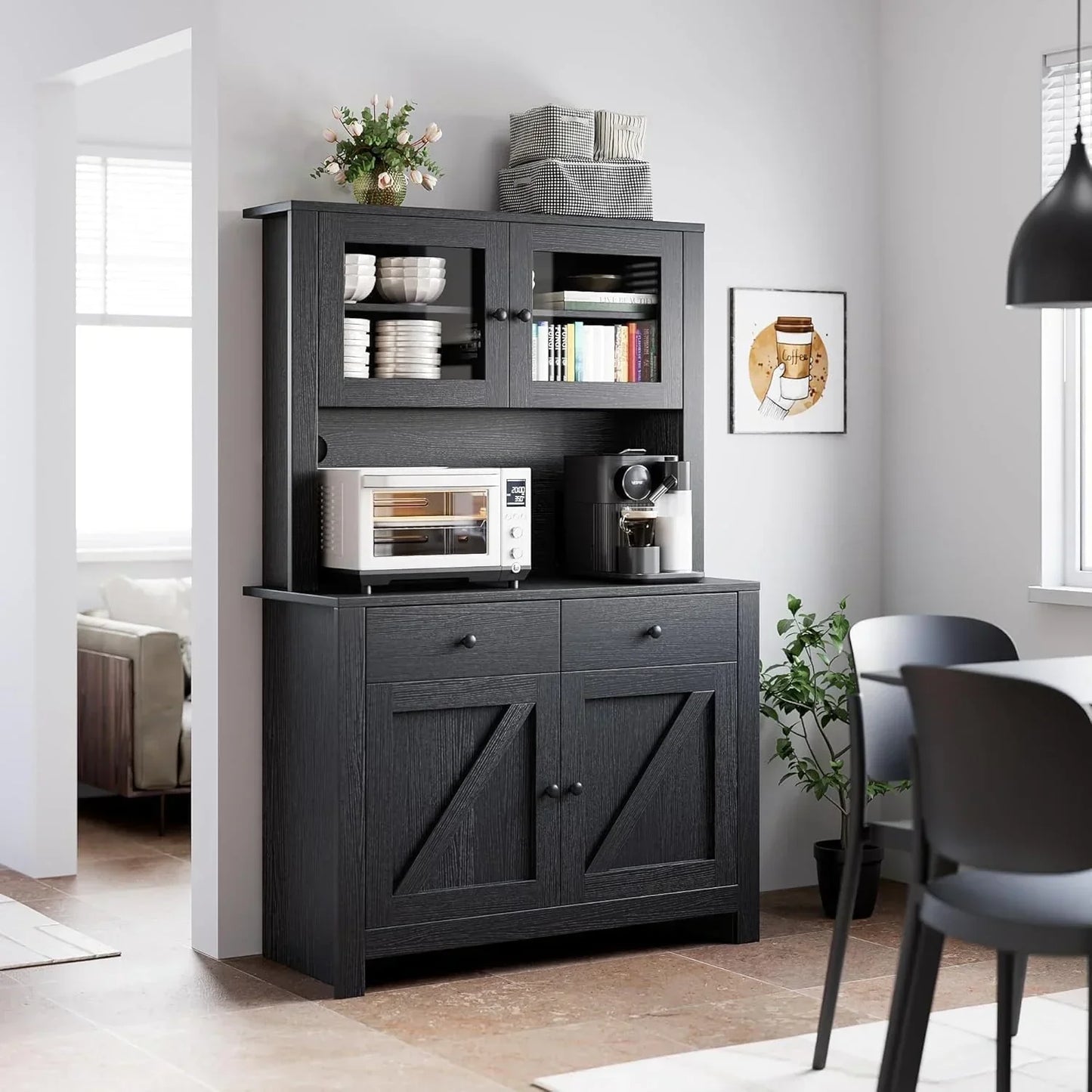 Dark gray kitchen hutch with glass doors, storage drawers, and appliance countertop for organized dining space