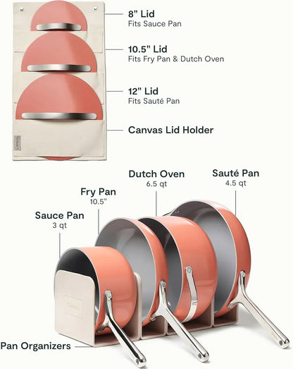 Coral cookware set with lids, pan organizers, and canvas lid holder for kitchen storage solutions