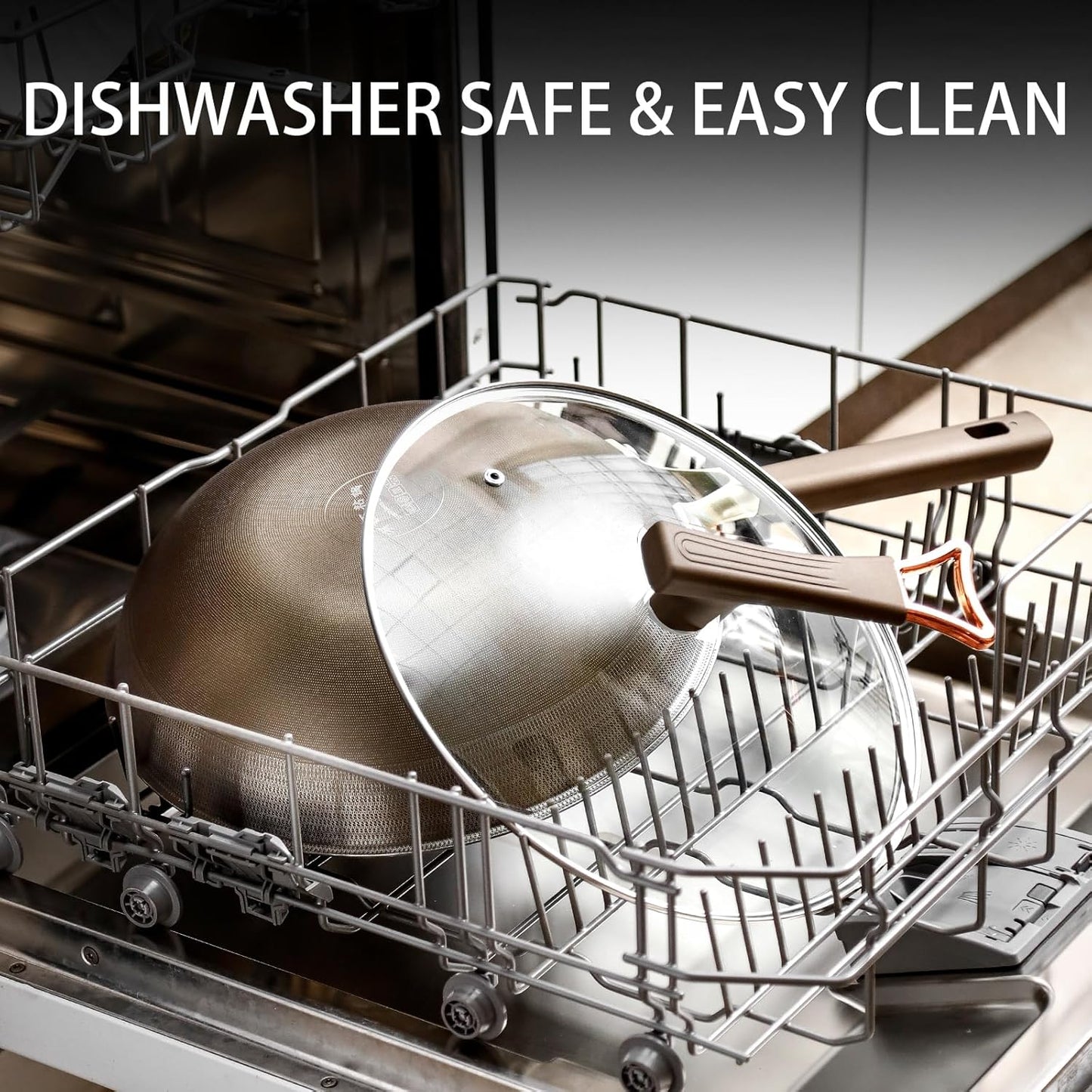 13 Inch Titanium Wok Pan with Lid - Non Stick Frying Pan, Extended Cool-Touch Handle, PFAS/PFOA/PTFE Free Flat Bottom Wok, Dishwasher Safe, Works on All Stovetops Including Induction